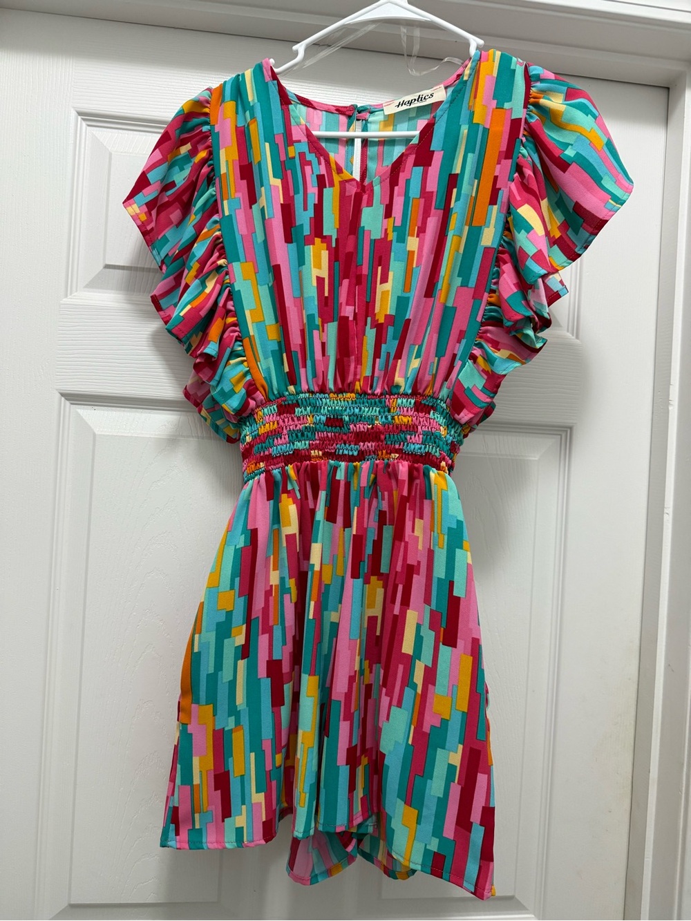 Multicolor Geometric Ruffle-Sleeve Romper by Noelle